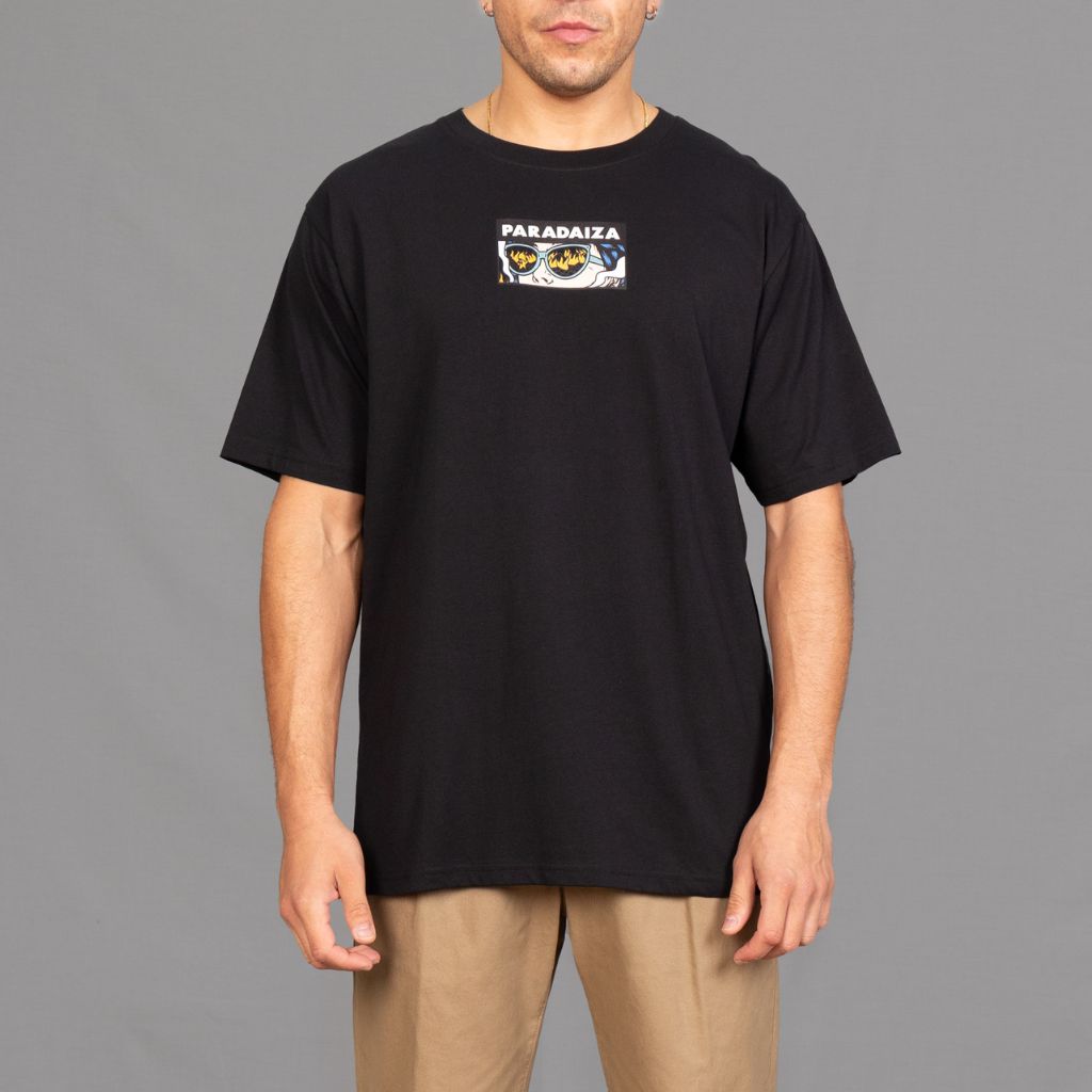 oversized black tee with seek cartoon graphic