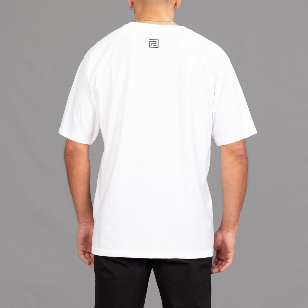 white t-shirt with graphic logo back shot