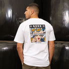 Oversized white tee with seek cartoon graphic