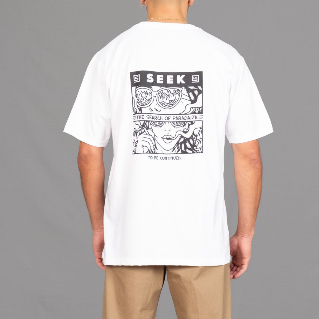 oversized white tee with seek cartoon graphic