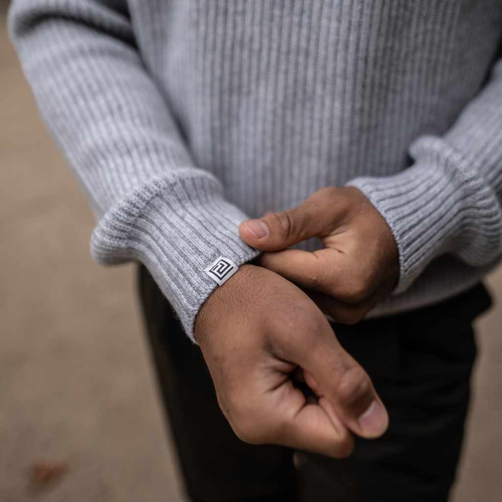 Close-up of a person wearing a gray sweater with a brand logo on the sleeve.