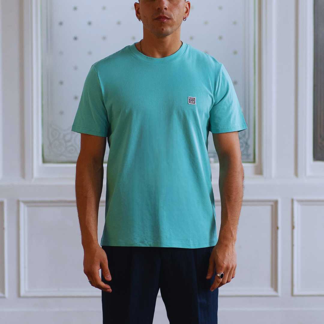 Man wearing a  paradaiza teal t-shirt with a small logo against a white paneled wall.
