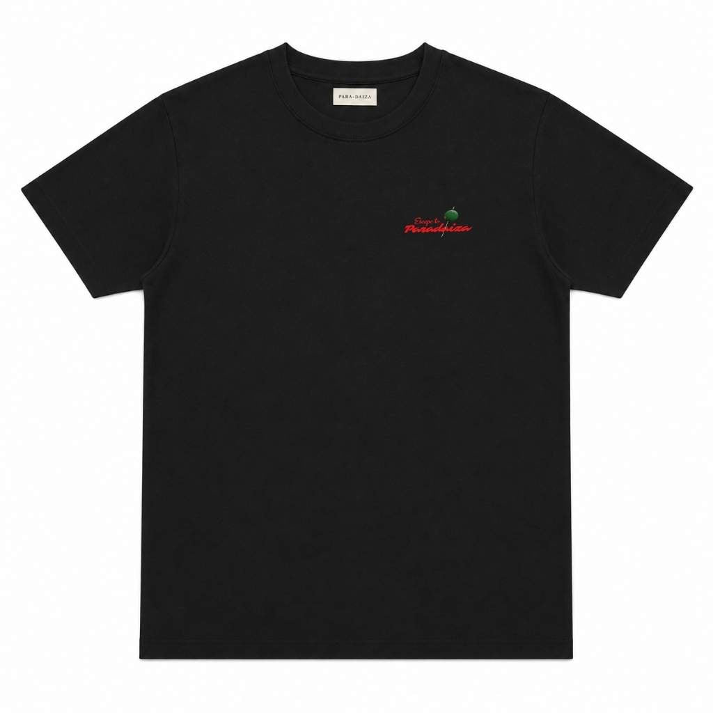 Black paradaiza  t-shirt with a small logo on the chest against a white background