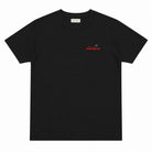 Black paradaiza  t-shirt with a small logo on the chest against a white background