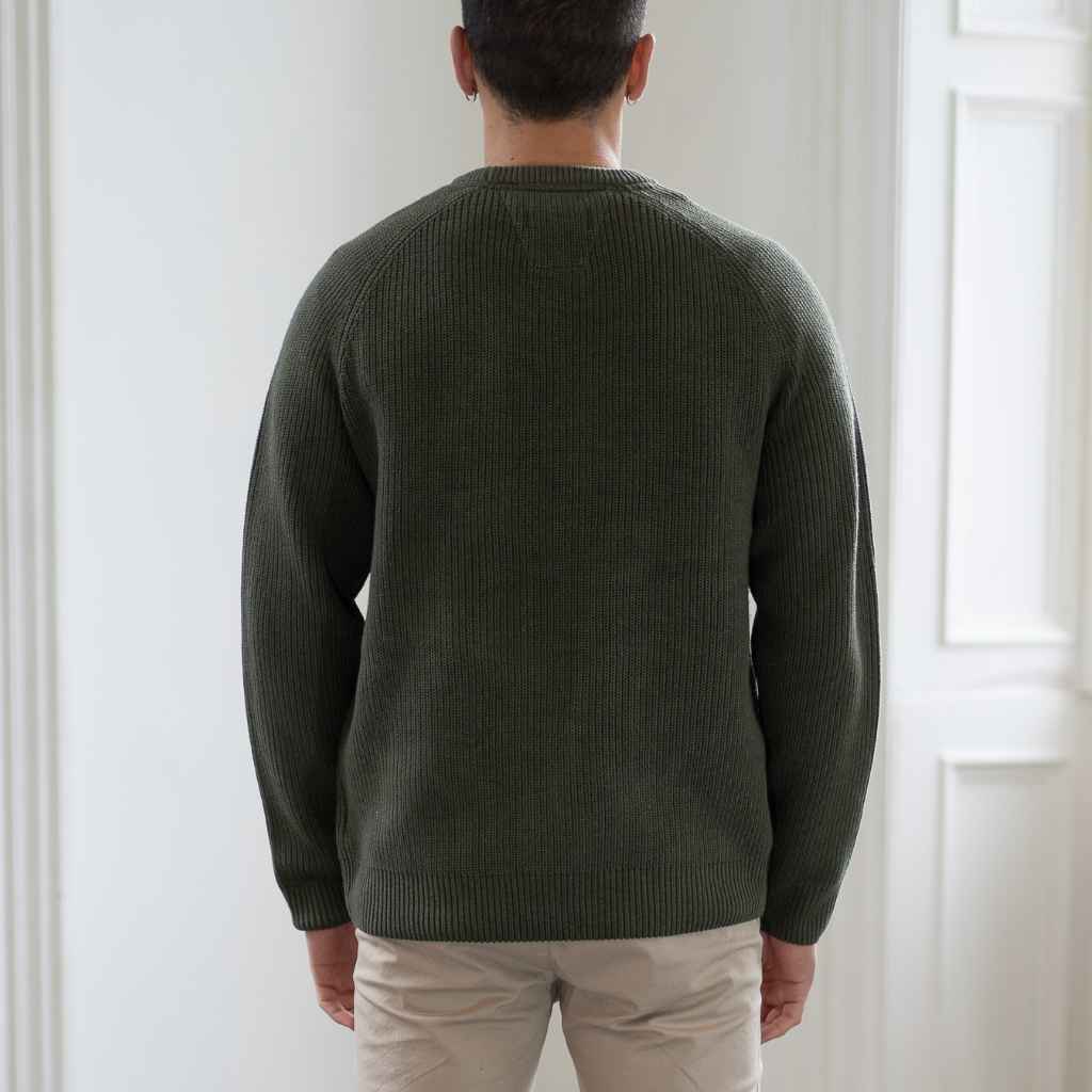 model wears paradaiza fisherman knit in khaki