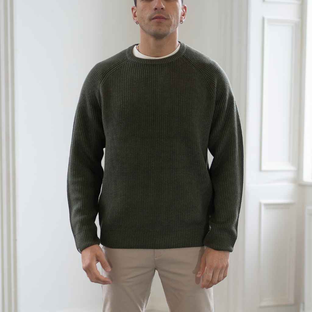 model wears paradaiza fisherman knit in khaki