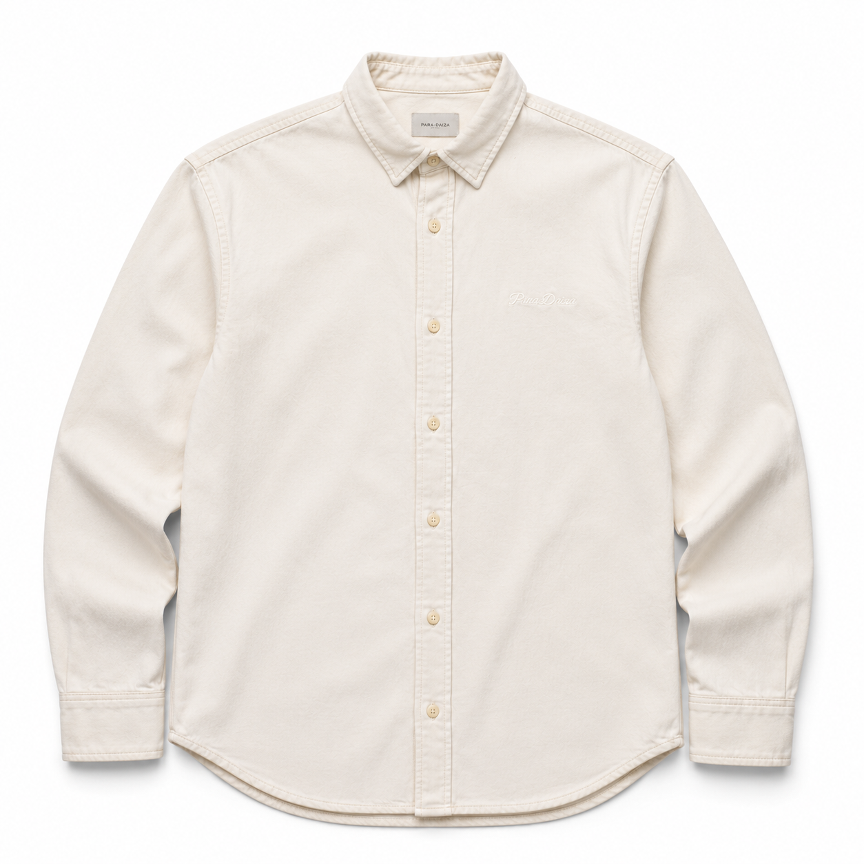 paradaiza off-white long-sleeve button-down shirt with a pointed collar and matching buttons, laid flat against a white background.