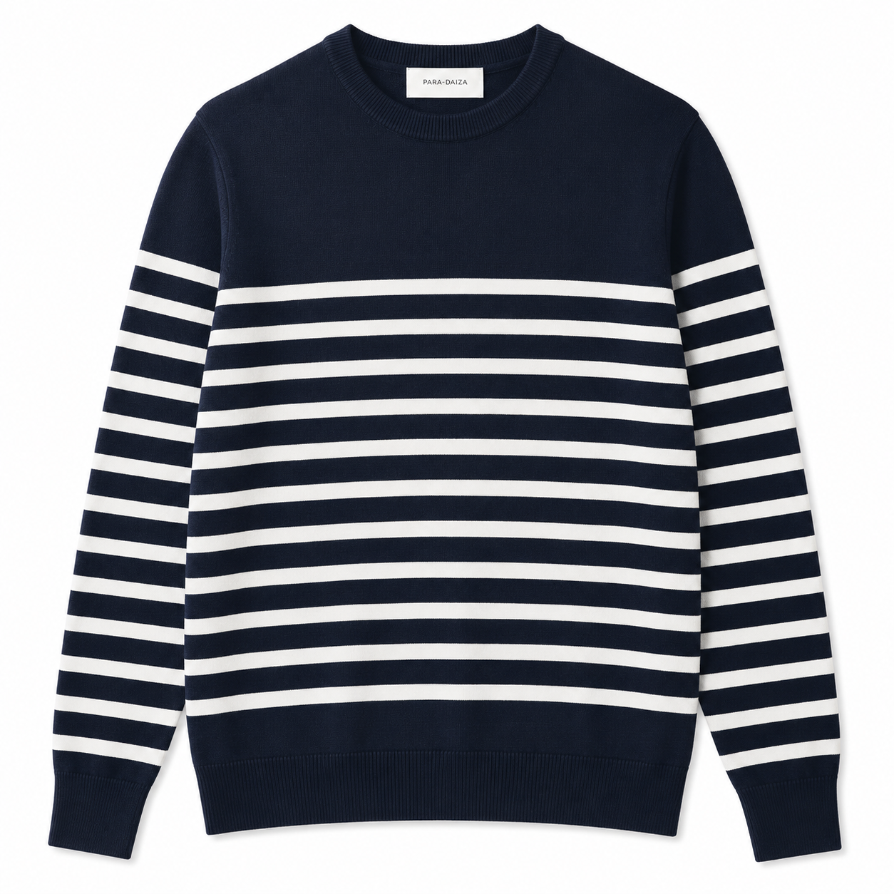 Navy and white paradaiza striped sweater on a white background