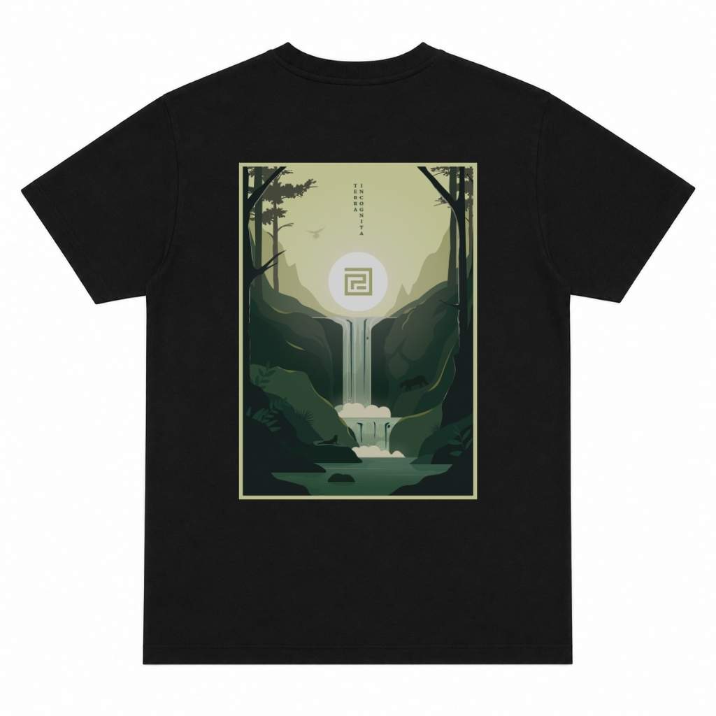 paradaiza Black t-shirt with a graphic design of a waterfall and trees on a white background
