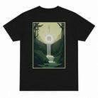 paradaiza Black t-shirt with a graphic design of a waterfall and trees on a white background