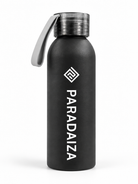 A matte black water bottle with a silver metal cap and a gray carrying loop, featuring the brand name 'PARADAIZA' printed vertically in white on the front.