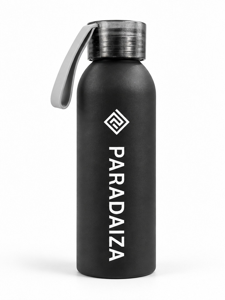 A matte black water bottle with a silver metal cap and a gray carrying loop, featuring the brand name 'PARADAIZA' printed vertically in white on the front.