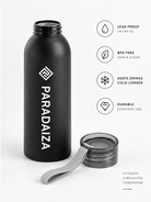 A matte black water bottle with the brand name 'PARADAIZA' printed vertically in white, shown next to its detached gray lid with carrying loop. To the right are four feature callouts with icons: 'LEAK PROOF ON THE GO', 'BPA FREE SAFE & CLEAN', 'KEEPS DRINKS COLD LONGER', and 'DURABLE EVERYDAY USE'.