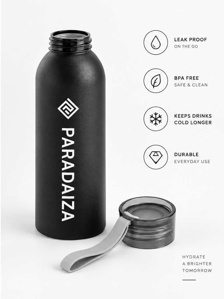 A matte black water bottle with the brand name 'PARADAIZA' printed vertically in white, shown next to its detached gray lid with carrying loop. To the right are four feature callouts with icons: 'LEAK PROOF ON THE GO', 'BPA FREE SAFE & CLEAN', 'KEEPS DRINKS COLD LONGER', and 'DURABLE EVERYDAY USE'.