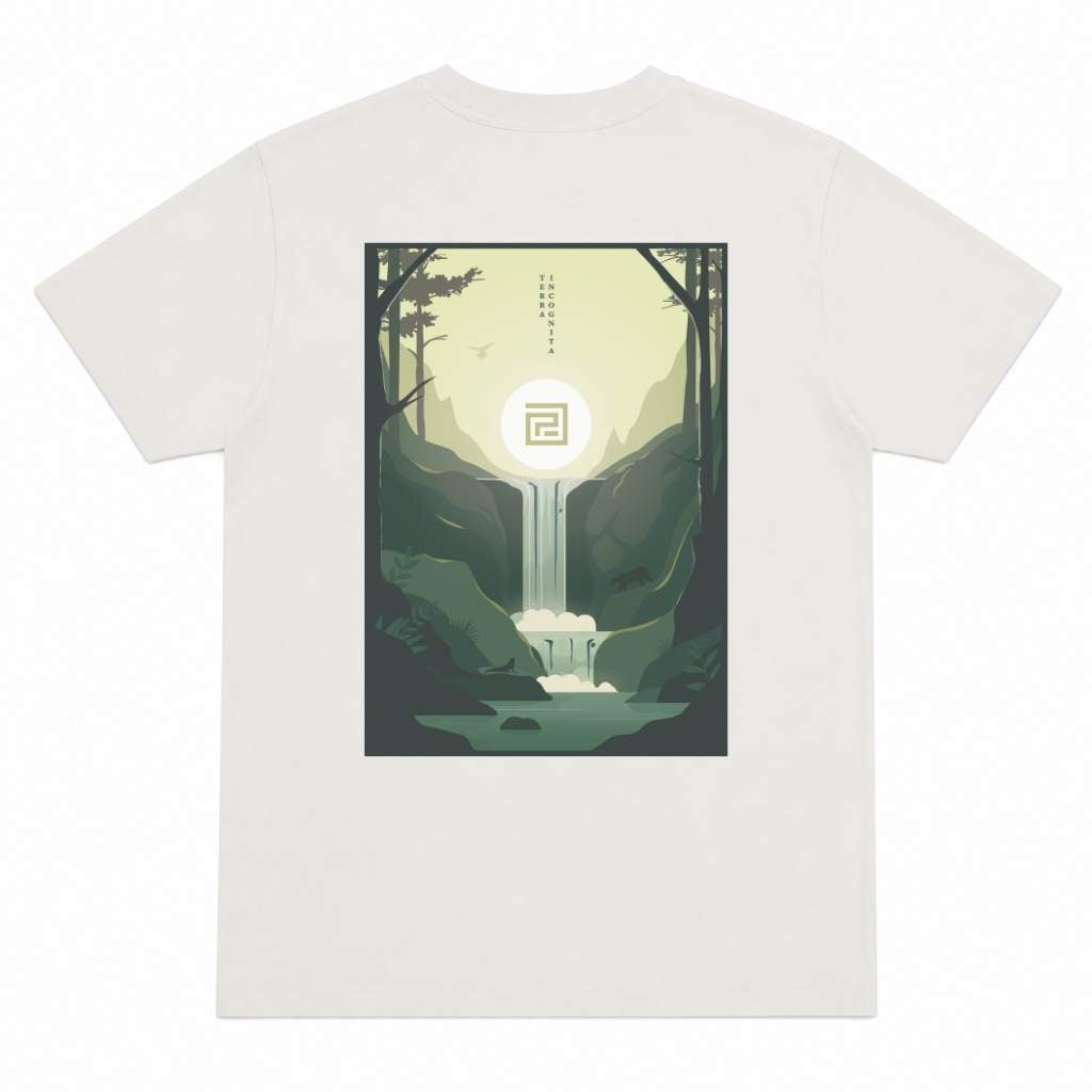 White t-shirt with a graphic design of a temple in a forest on a white background
