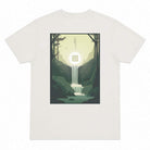 White t-shirt with a graphic design of a temple in a forest on a white background