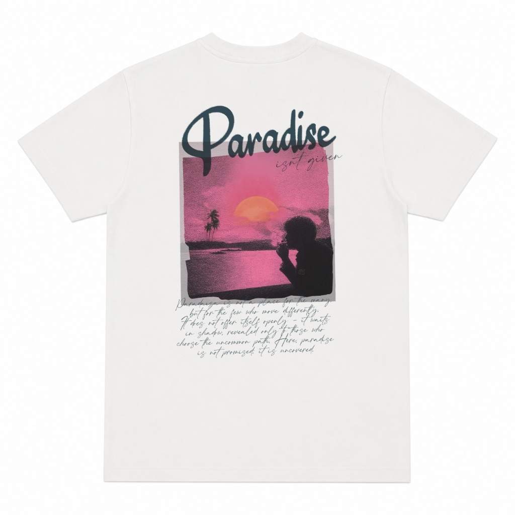 White paradiza t-shirt with a graphic of a sunset over water and the word 'Paradise' on a white background.
