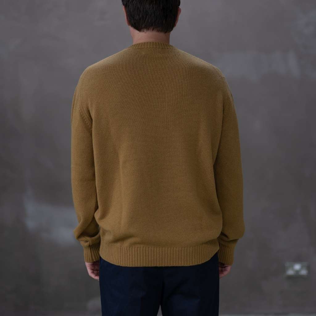 Man wearing a paradaiza mustard yellow sweater against a grey background