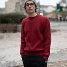 man wears paradaiza red fisherman knit in stockbridge 