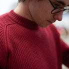 man wears paradaiza red fisherman knit in stockbridge 