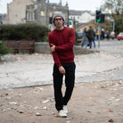 man wears paradaiza red fisherman knit in stockbridge 