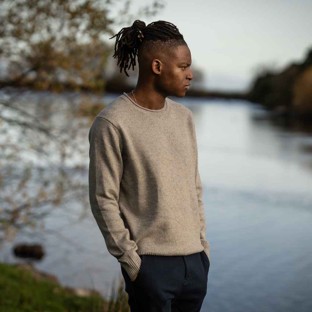 model wears merino knit