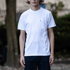 model wears paradaiza pocket tee white 