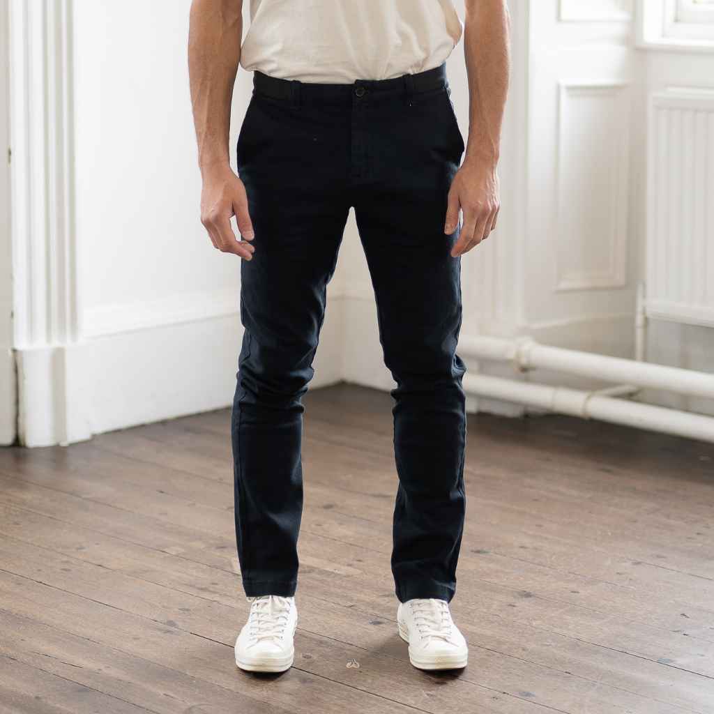 model wears paradaiza twill chino 