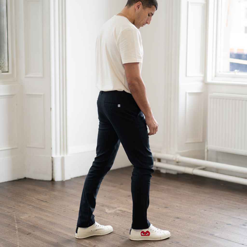 model wears paradaiza twill chino 