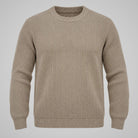 A ribbed knit crewneck sweater in a light taupe-beige color, displayed on a neutral light gray background.