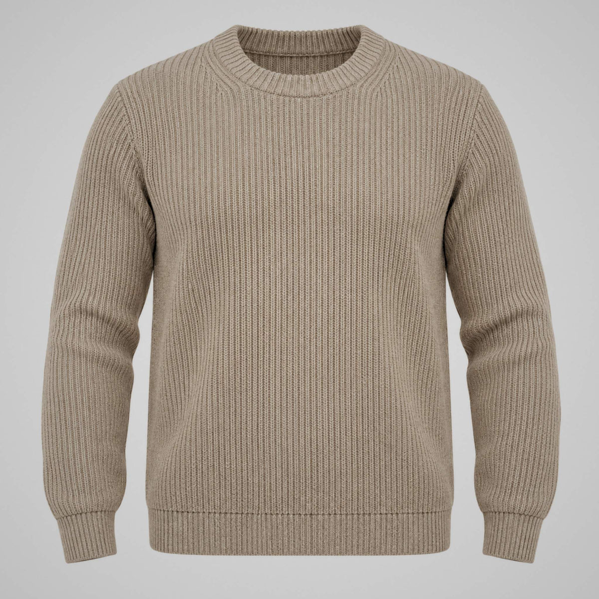 A ribbed knit crewneck sweater in a light taupe-beige color, displayed on a neutral light gray background.
