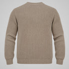 A beige ribbed knit sweater shown from the back, featuring a crew neck, long sleeves, and ribbed cuffs and hem, set against a solid light gray background.