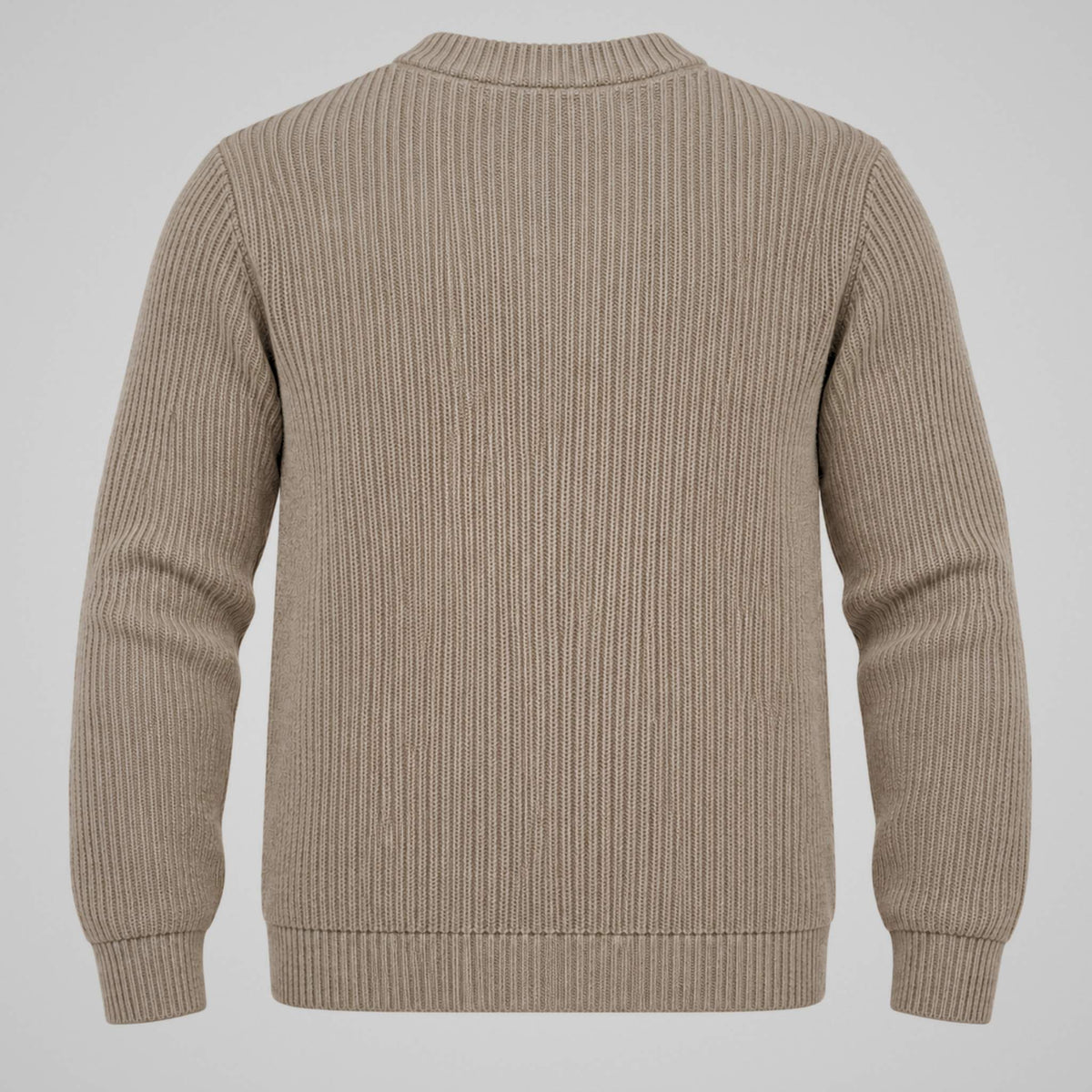 A beige ribbed knit sweater shown from the back, featuring a crew neck, long sleeves, and ribbed cuffs and hem, set against a solid light gray background.