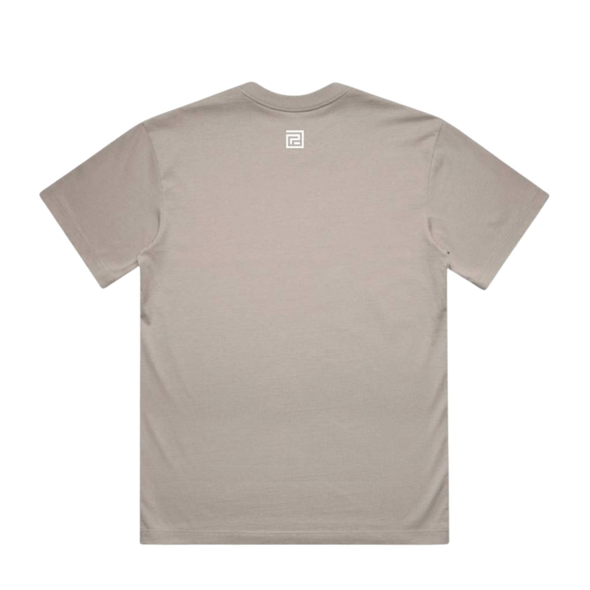 A light taupe-beige short-sleeve t-shirt shown from the back, featuring a small white square logo printed on the upper center back.