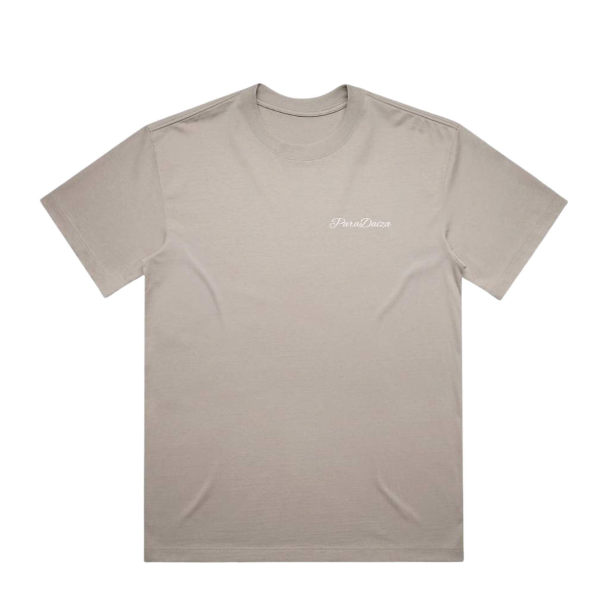 A light taupe gray short-sleeve crewneck t-shirt with a small white cursive 'PuraChicco' logo on the left chest, displayed flat against a solid white background.