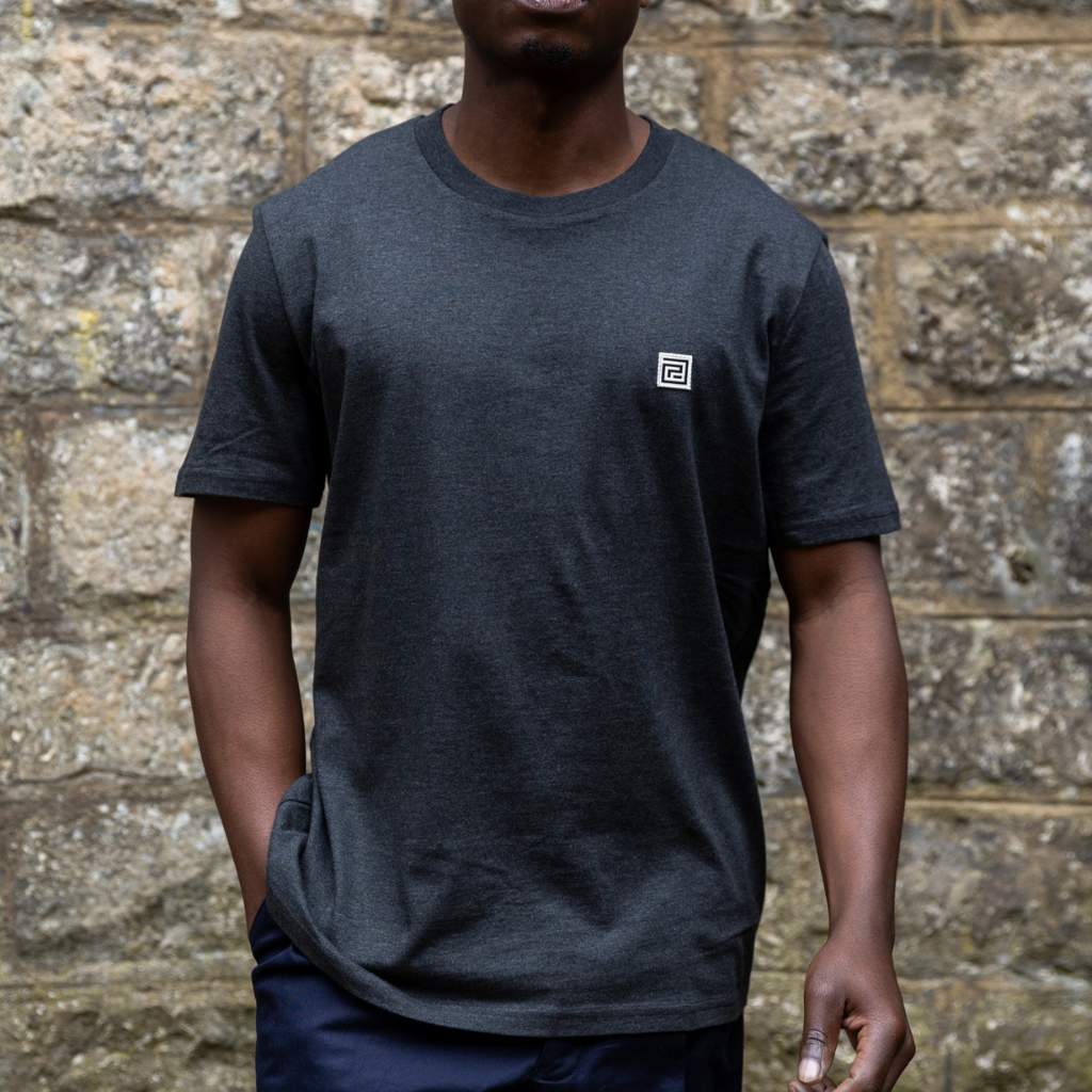 Person wearing a paradaiza dark gray t-shirt with a small logo against a stone wall background
