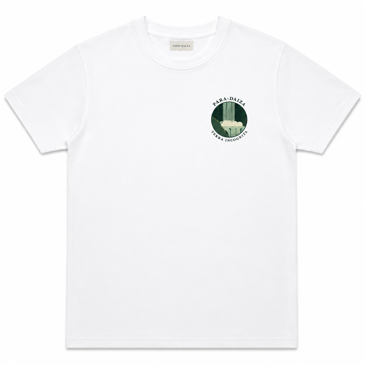  white paradaiza tee with terra incognita bage on the chest