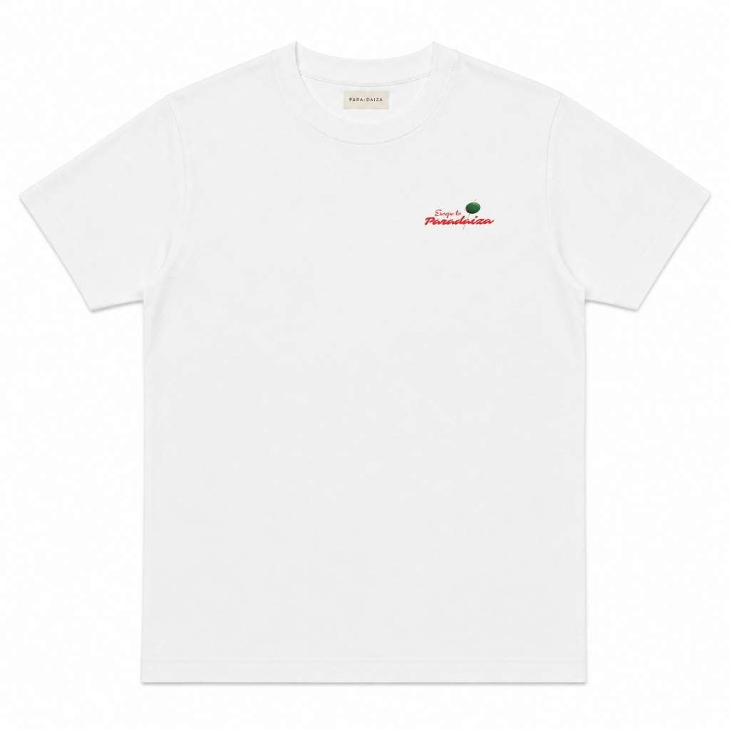 White paradaiza  t-shirt with a small logo on the chest against a white background