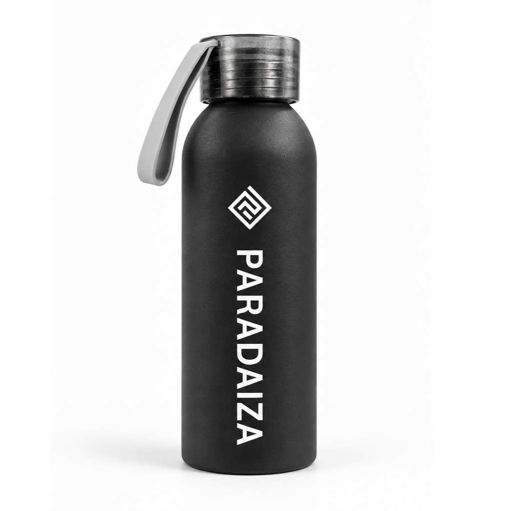 A matte black insulated water bottle with a silver metal cap and carrying loop, featuring the brand name 'PARADAIZA' printed vertically in white on the front.
