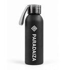 A matte black insulated water bottle with a silver metal cap and carrying loop, featuring the brand name 'PARADAIZA' printed vertically in white on the front.