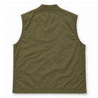 An olive green sleeveless vest shown from the back, laid flat against a clean white background.