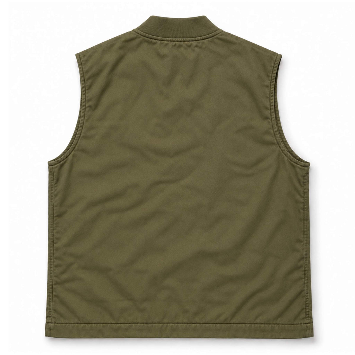 An olive green sleeveless vest shown from the back, laid flat against a clean white background.