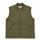 An olive green sleeveless zip-up vest with a stand collar, ribbed knit trim along the armholes, and two front handwarmer pockets, shown flat on a white background.