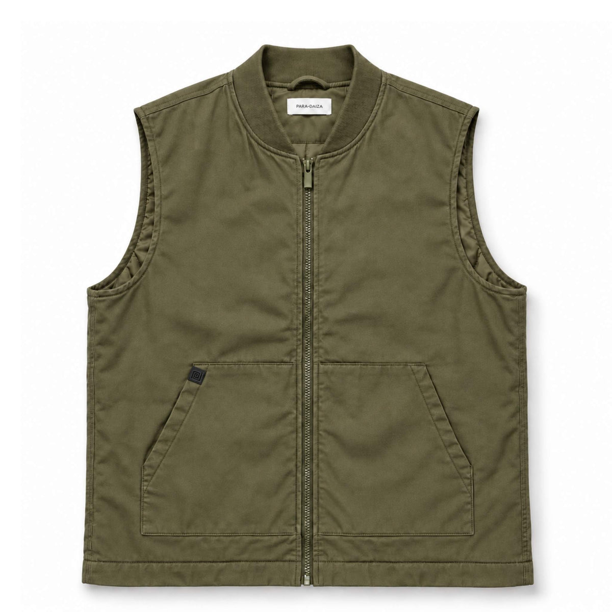 An olive green sleeveless zip-up vest with a stand collar, ribbed knit trim along the armholes, and two front handwarmer pockets, shown flat on a white background.